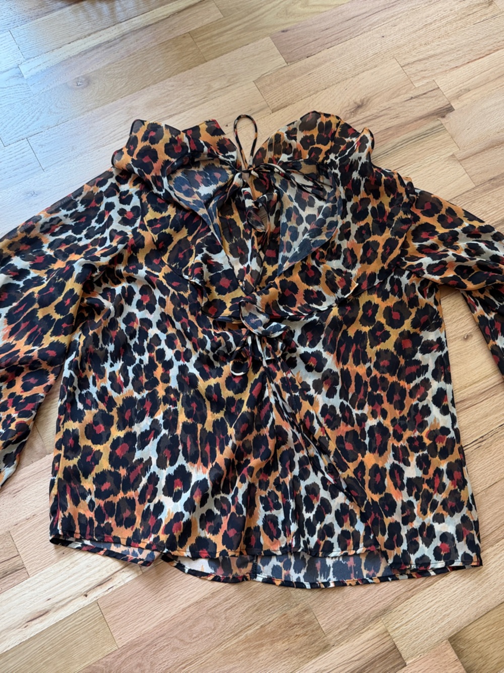 Topshop Leopard Tie-Front Blouse - Brown Black Cream with Red Accents